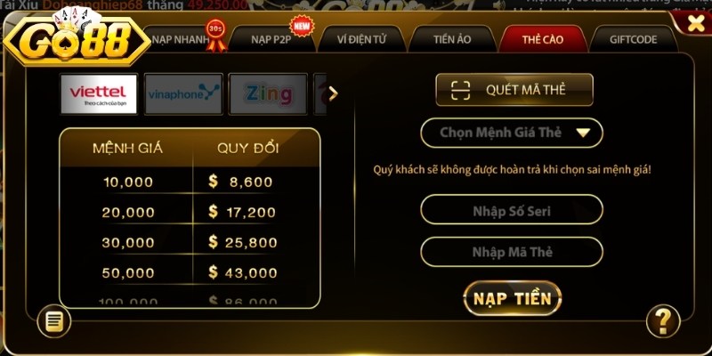 Thực hiện nạp qua thẻ cào