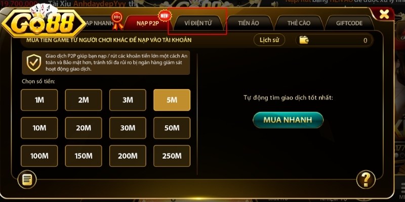 Gửi vốn vào tài khoản bằng ví điện tử đơn giản